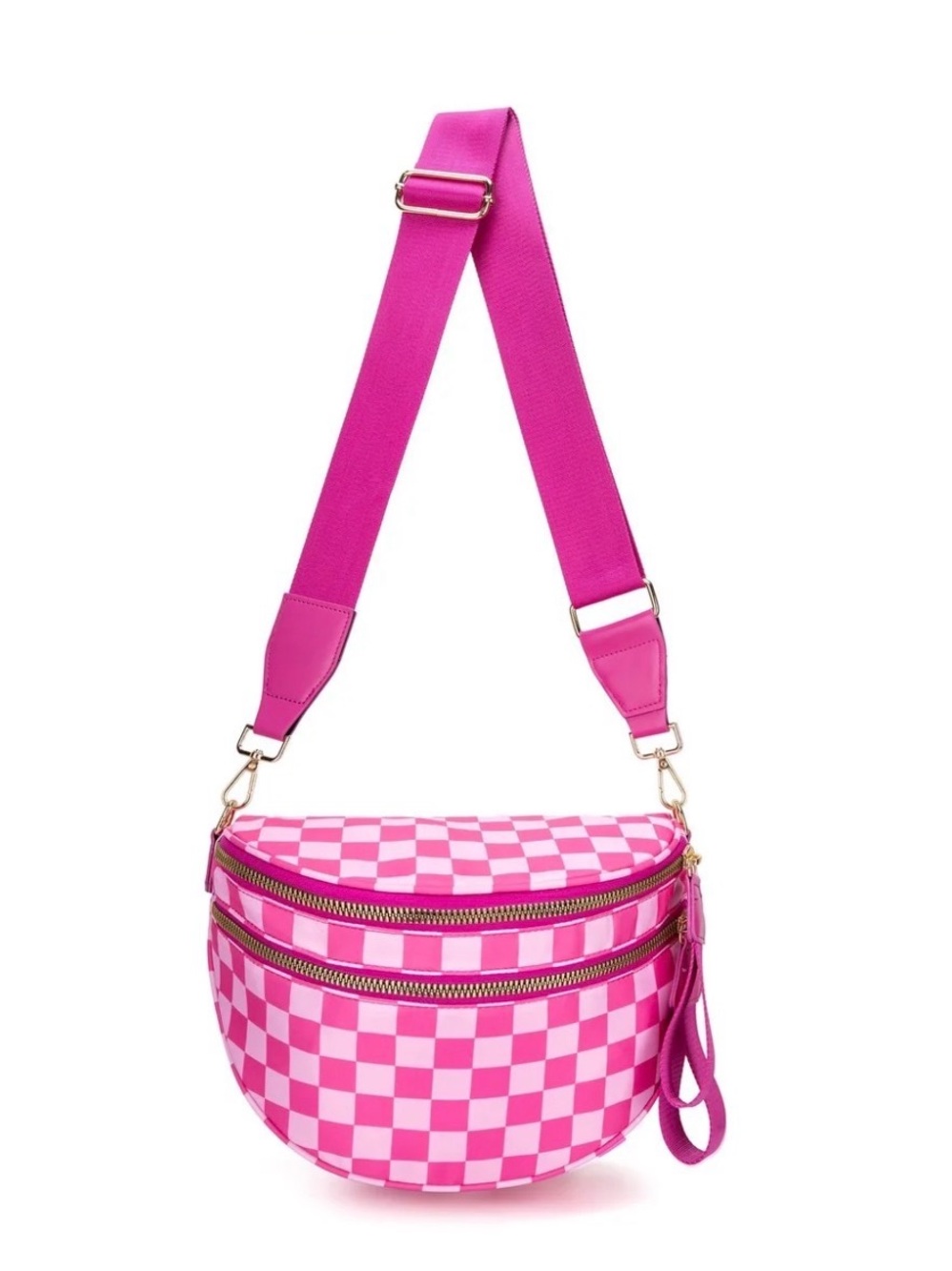 Pink Checkered Crossbody Bag with Wide Strap